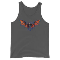 Whimsical Vampire Bat Skeleton design on men's tank top, front view