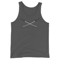 Dual Samurai Swords design on men's tank top, front view
