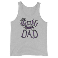 Purple Goth Dad Bat design on men's tank top, front view