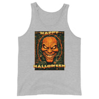 Happy Halloween Evil Pumpkin design on men's tank top, front view
