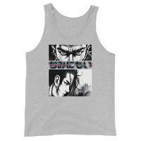 Anime Eyes Japanese Manga design on men's tank top, front view