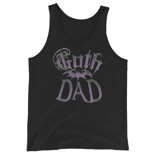 Purple Goth Dad Bat design on men's tank top, front view