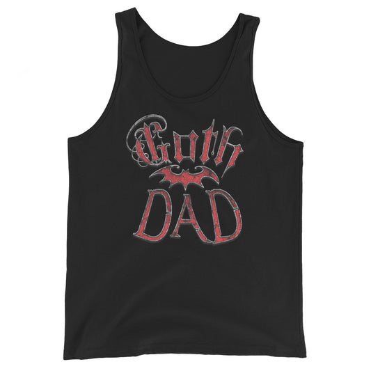 Red Goth Dad Bat design on men's tank top, front view