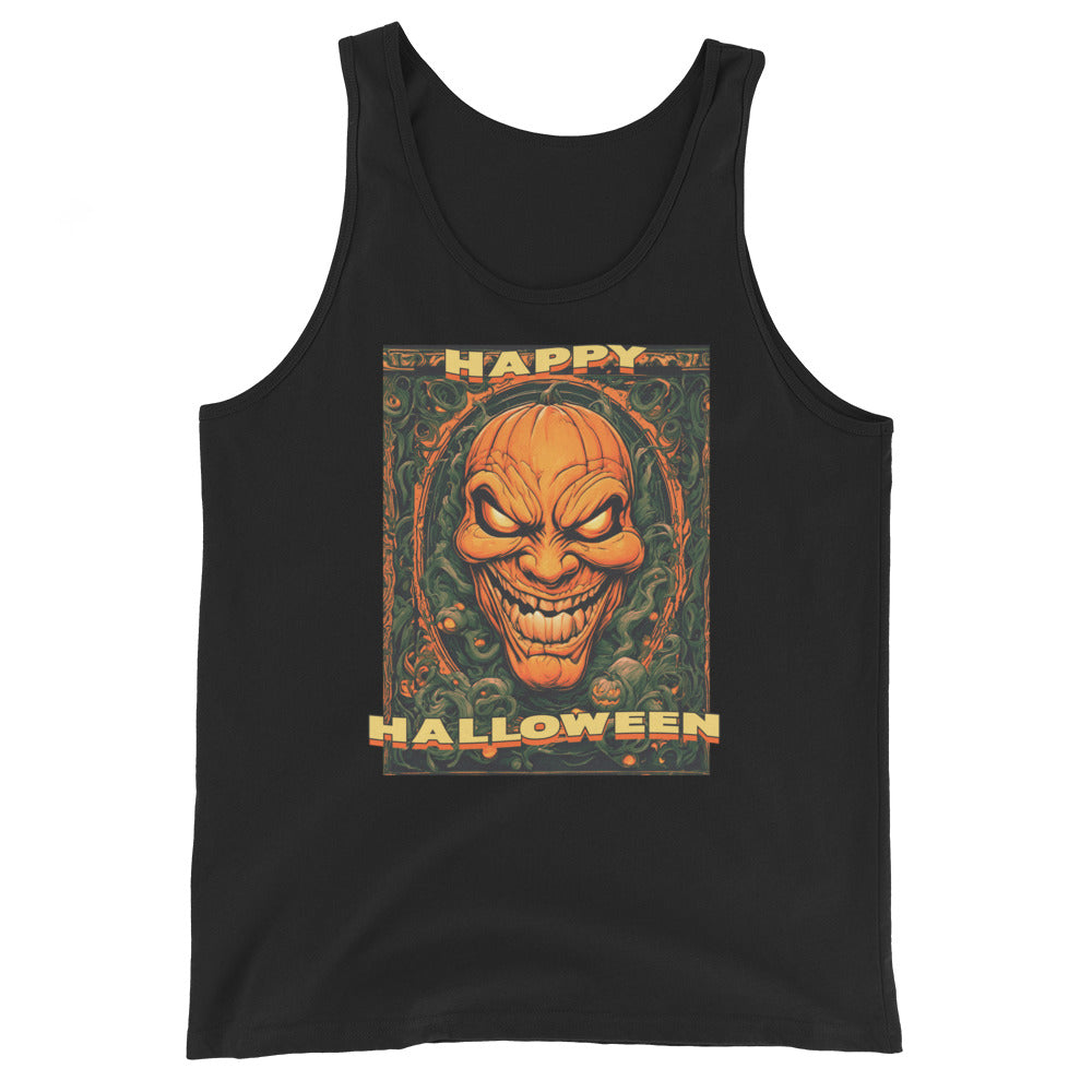 Happy Halloween Evil Pumpkin design on men's tank top, front view