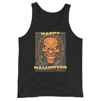 Happy Halloween Evil Pumpkin design on men's tank top, front view