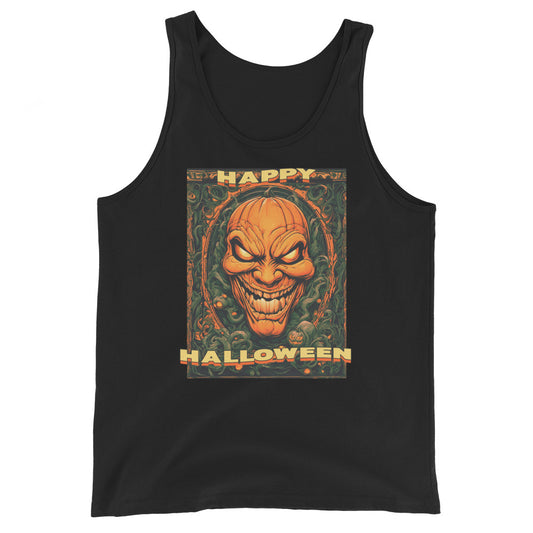 Happy Halloween Evil Pumpkin design on men's tank top, front view