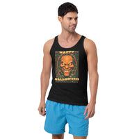 Happy Halloween Evil Pumpkin design on men's tank top, front view