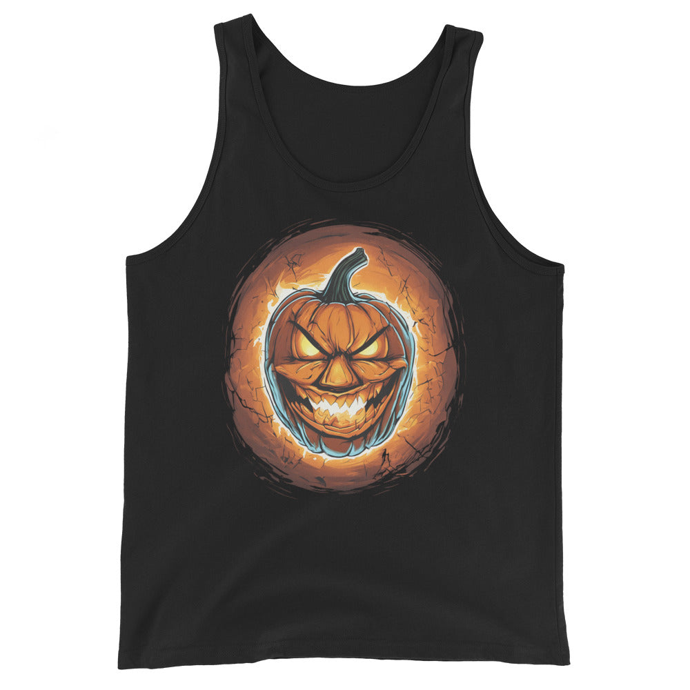 Fire Jack O' Lantern design on men's tank top, front view