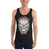 Grinning Skull Pumpkin design on men's tank top, front view