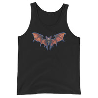 Whimsical Vampire Bat Skeleton design on men's tank top, front view