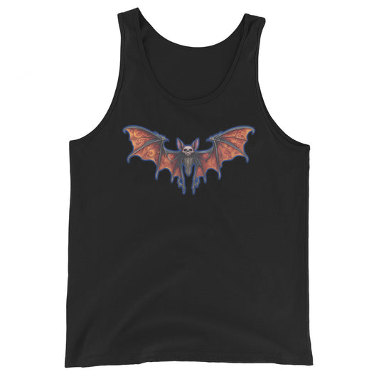 Whimsical Vampire Bat Skeleton design on men's tank top, front view