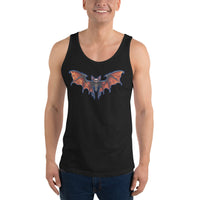 Whimsical Vampire Bat Skeleton design on men's tank top, front view