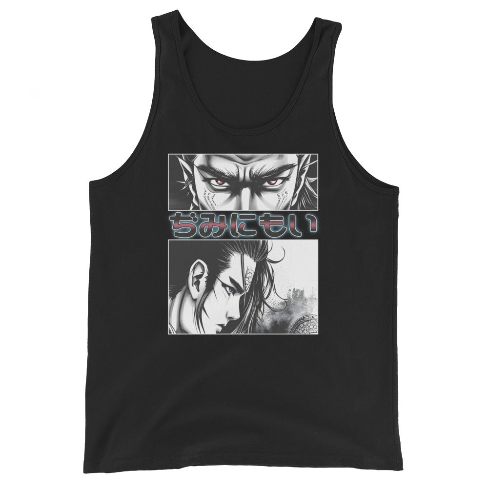 Anime Eyes Japanese Manga design on men's tank top, front view