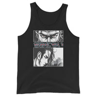 Anime Eyes Japanese Manga design on men's tank top, front view