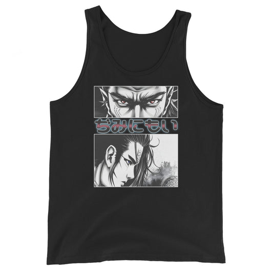 Anime Eyes Japanese Manga design on men's tank top, front view