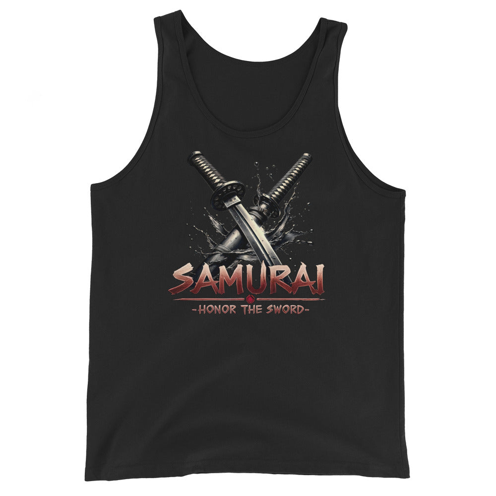 Splash Katana Swords design on men's tank top, front view