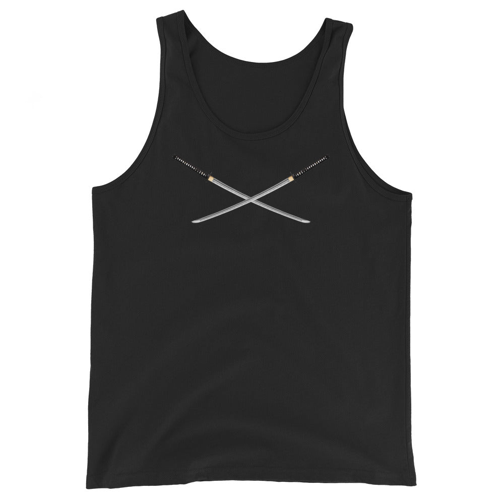 Dual Samurai Swords design on men's tank top, front view