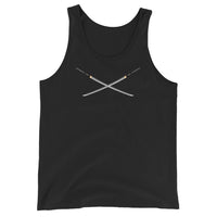 Dual Samurai Swords design on men's tank top, front view