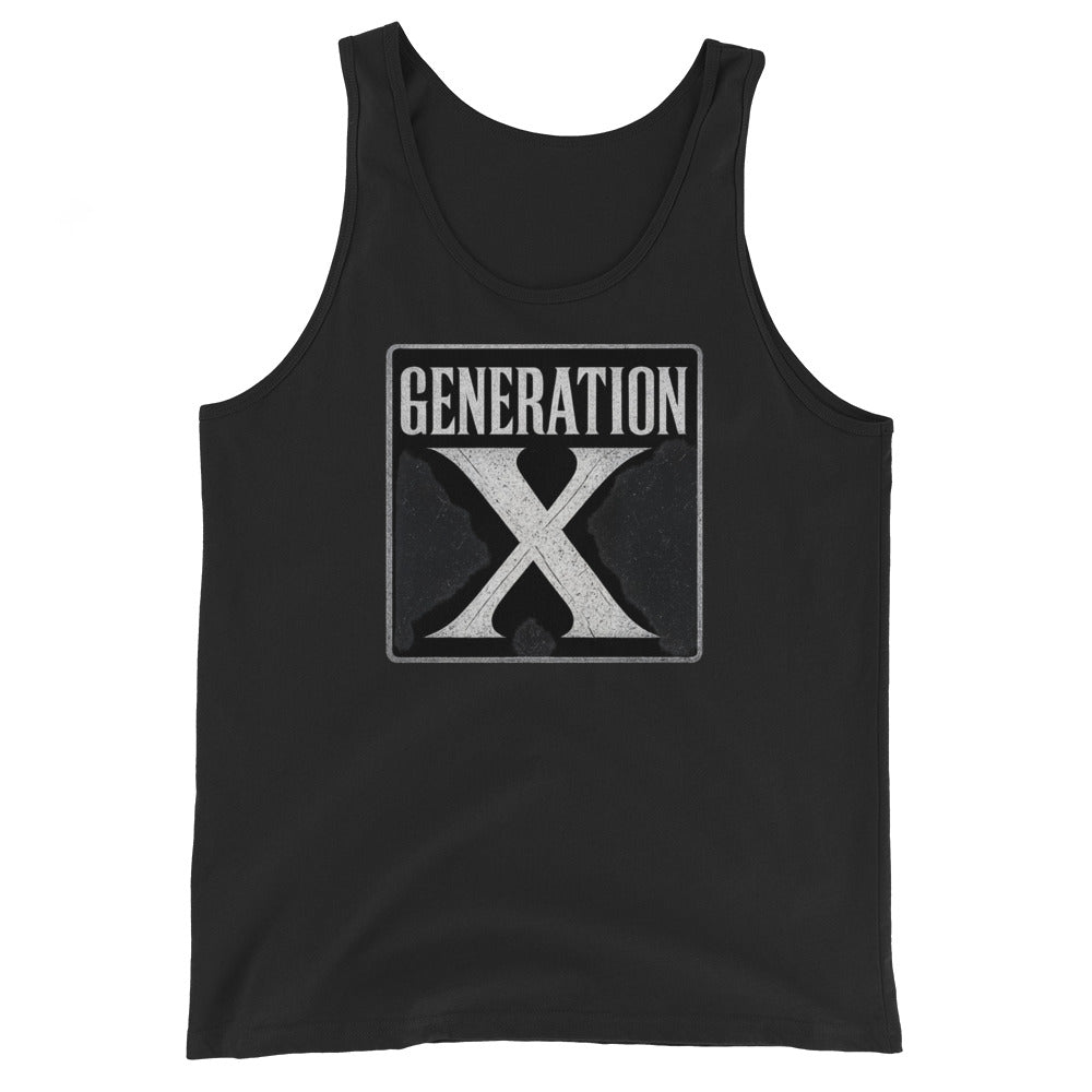 Generation X design on men's tank top, front view