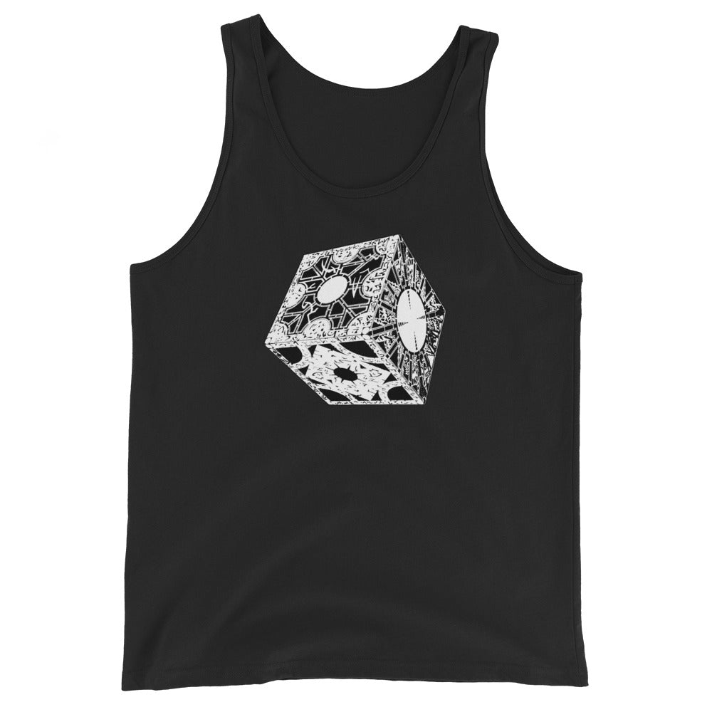 Lament Configuration design on men's tank top, front view