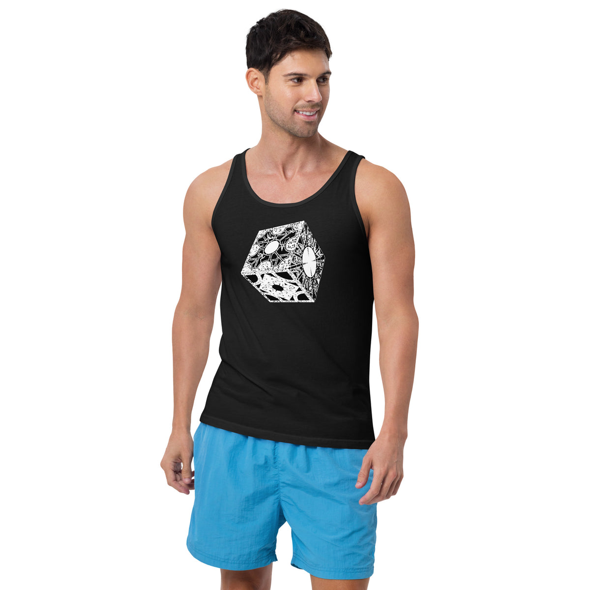 Lament Configuration design on men's tank top, front view