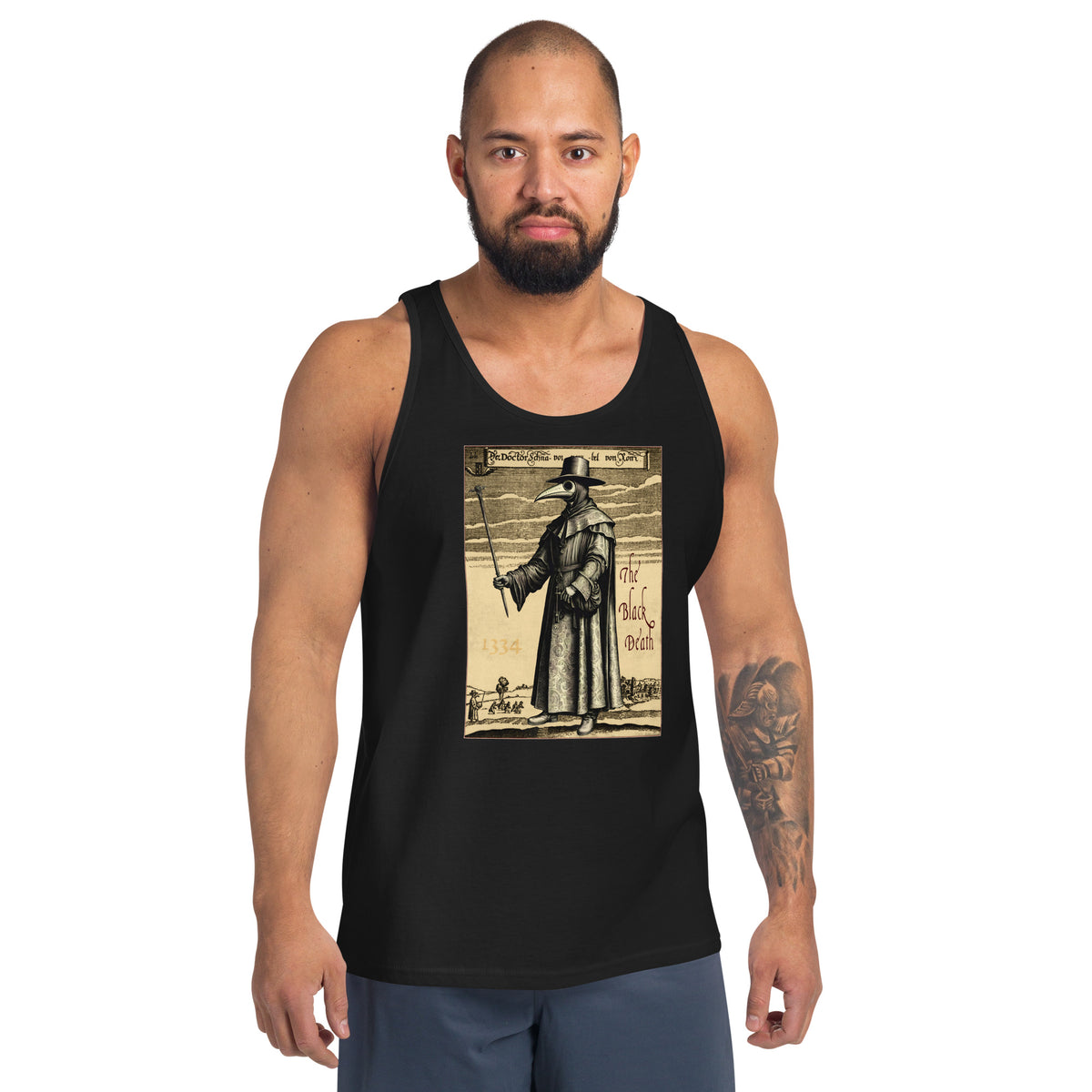 Plague Doctor 1334 design on men's tank top, front view