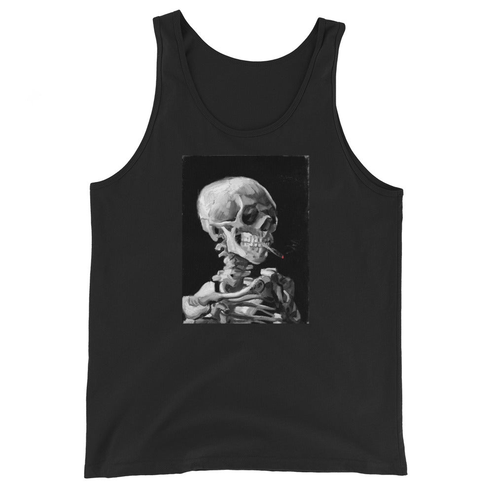 Skeleton Smoking Van Gogh design on men's tank top, front view