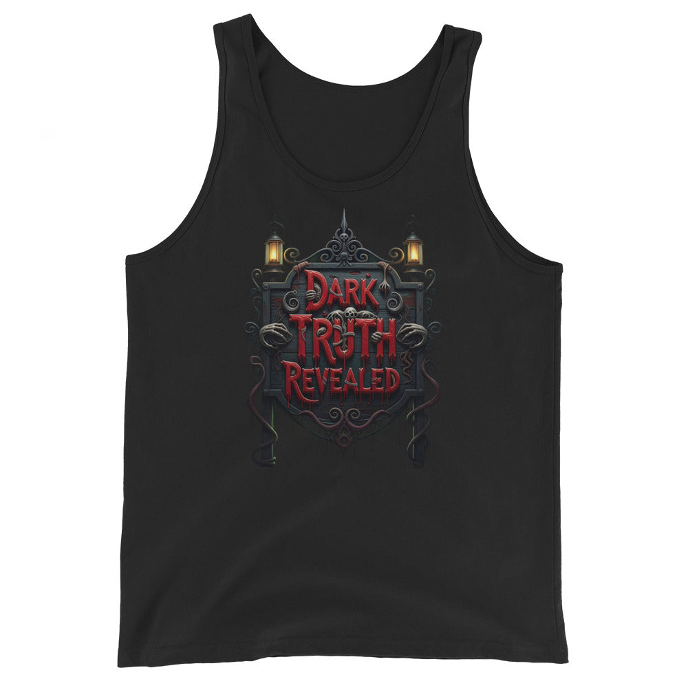 Dark Truth Revealed design on men's tank top, front view