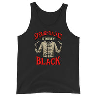 Straightjacket Is the New Black design on men's tank top, front view