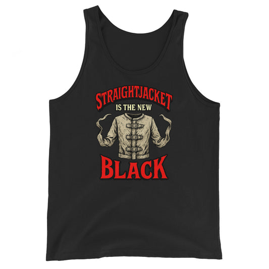 Straightjacket Is the New Black design on men's tank top, front view