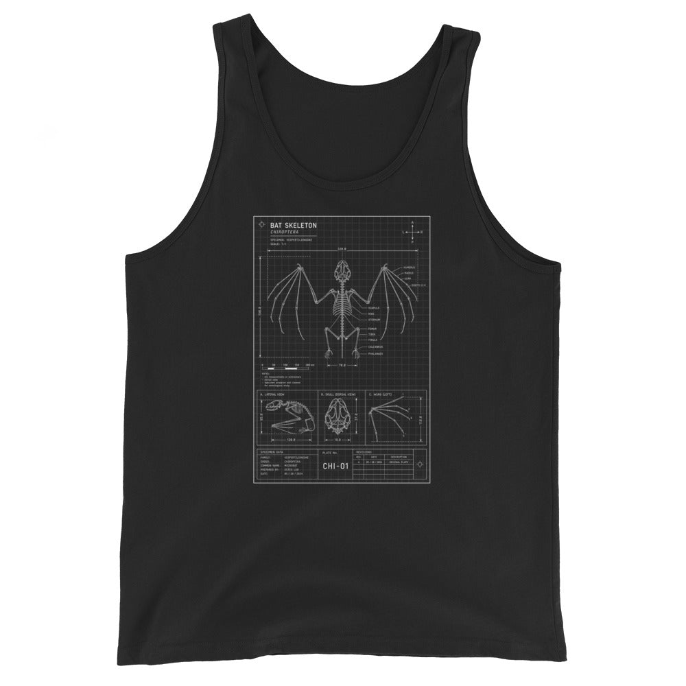 Bat Skeleton Blueprint design on men's tank top, front view