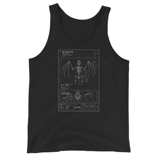 Bat Skeleton Blueprint design on men's tank top, front view
