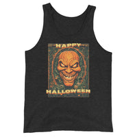 Happy Halloween Evil Pumpkin design on men's tank top, front view