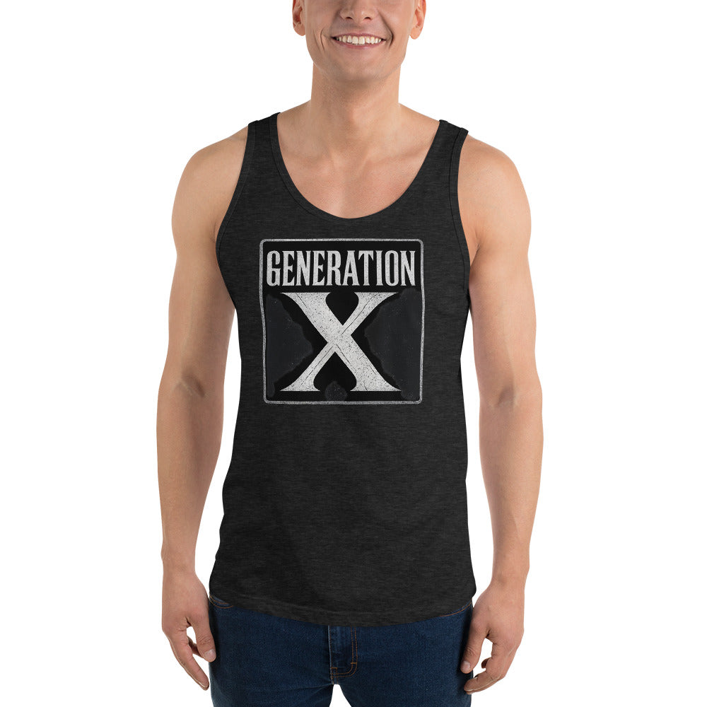 Generation X design on men's tank top, front view
