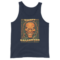 Happy Halloween Evil Pumpkin design on men's tank top, front view