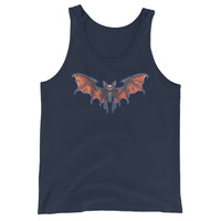 Whimsical Vampire Bat Skeleton design on men's tank top, front view