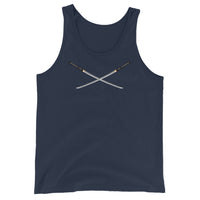 Dual Samurai Swords design on men's tank top, front view