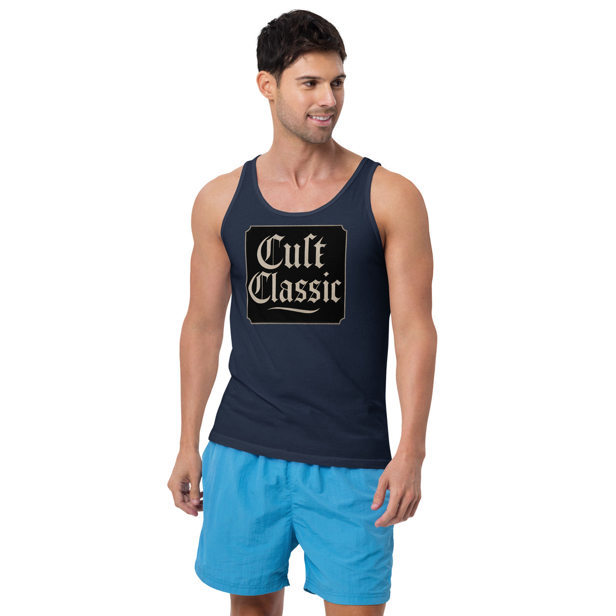 Cult Classic design on men's tank top, front view