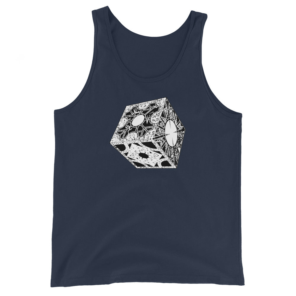 Lament Configuration design on men's tank top, front view