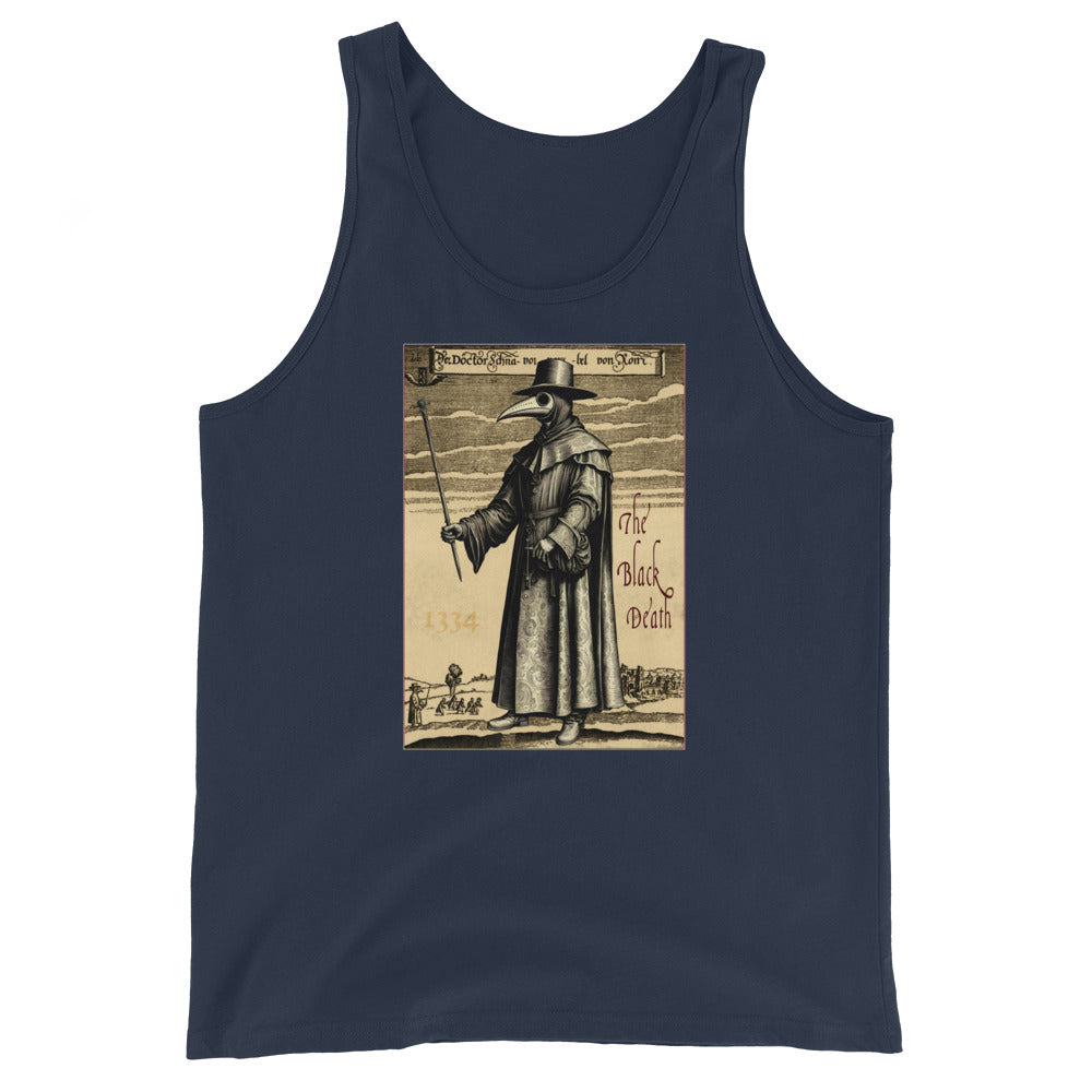 Plague Doctor 1334 design on men's tank top, front view