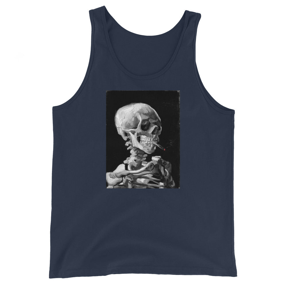 Skeleton Smoking Van Gogh design on men's tank top, front view