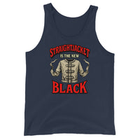 Straightjacket Is the New Black design on men's tank top, front view