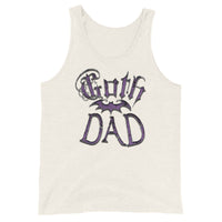 Purple Goth Dad Bat design on men's tank top, front view