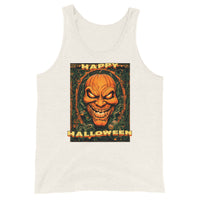 Happy Halloween Evil Pumpkin design on men's tank top, front view