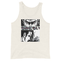 Anime Eyes Japanese Manga design on men's tank top, front view