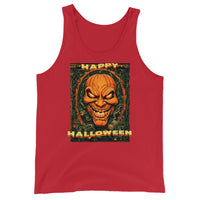 Happy Halloween Evil Pumpkin design on men's tank top, front view