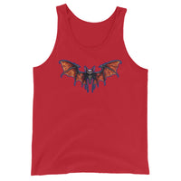 Whimsical Vampire Bat Skeleton design on men's tank top, front view