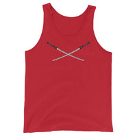 Dual Samurai Swords design on men's tank top, front view