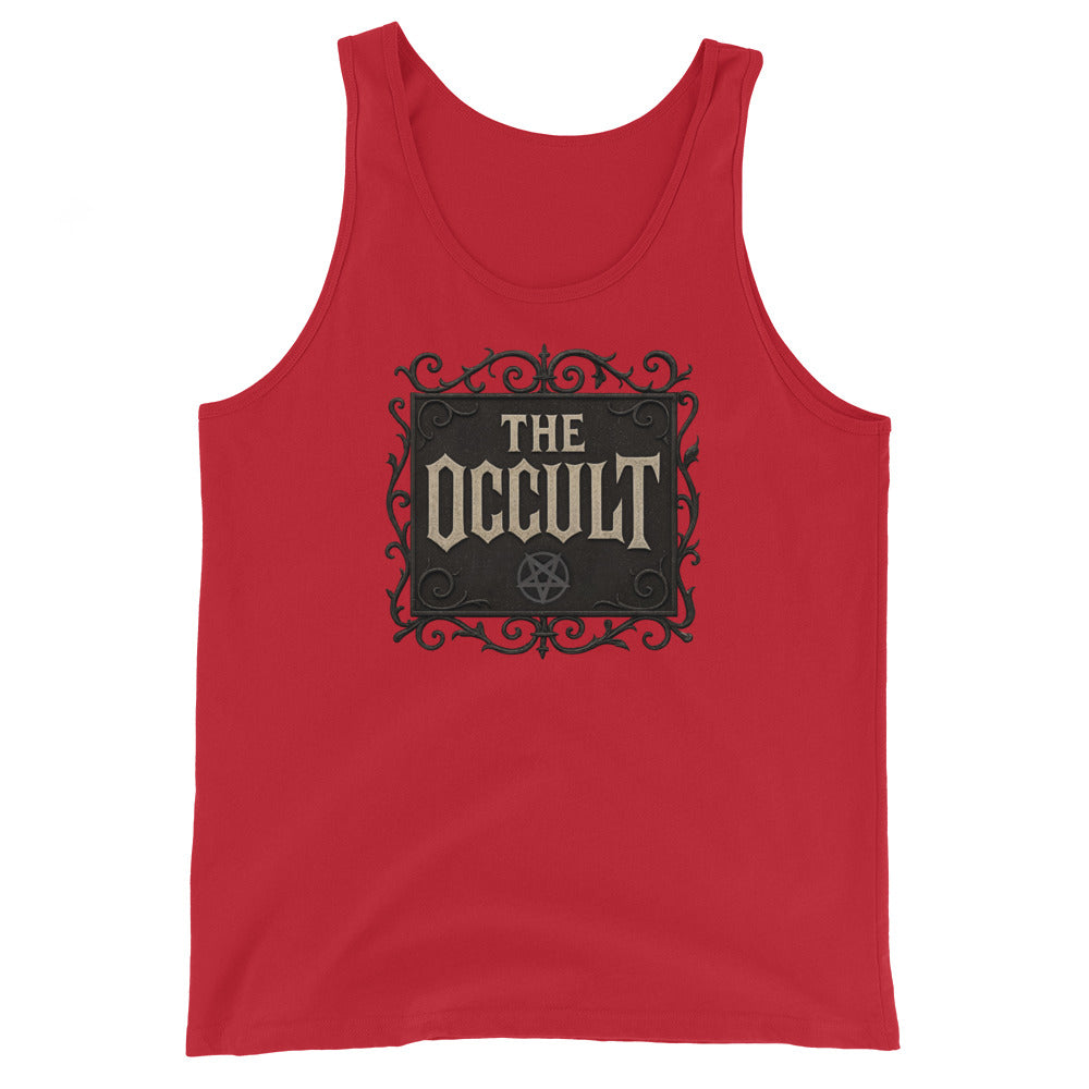 The Occult design on men's tank top, front view
