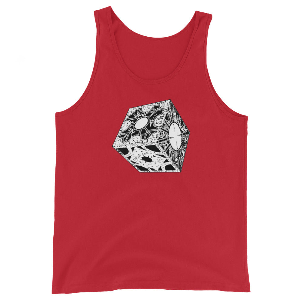 Lament Configuration design on men's tank top, front view